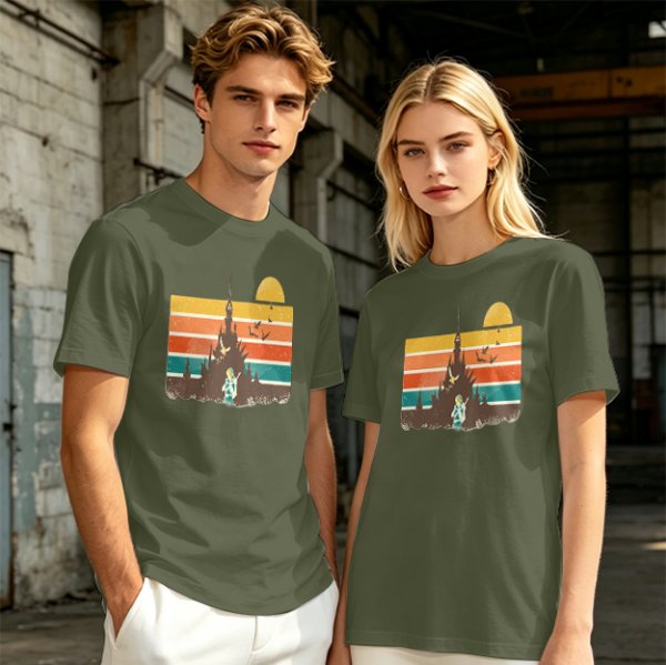 Olive T-Shirt With Retro Sunset Fantasy Castle Graphic