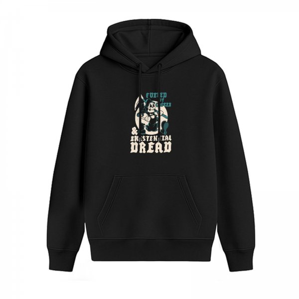 Black hoodie with 'Fueled by Coffee & Existential Dread' grim reaper graphic