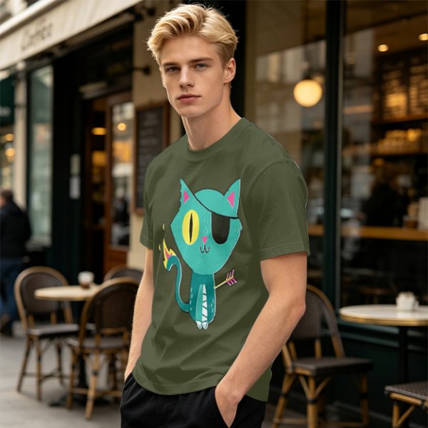 Olive Green T-Shirt With Pirate Cat Graphic Print