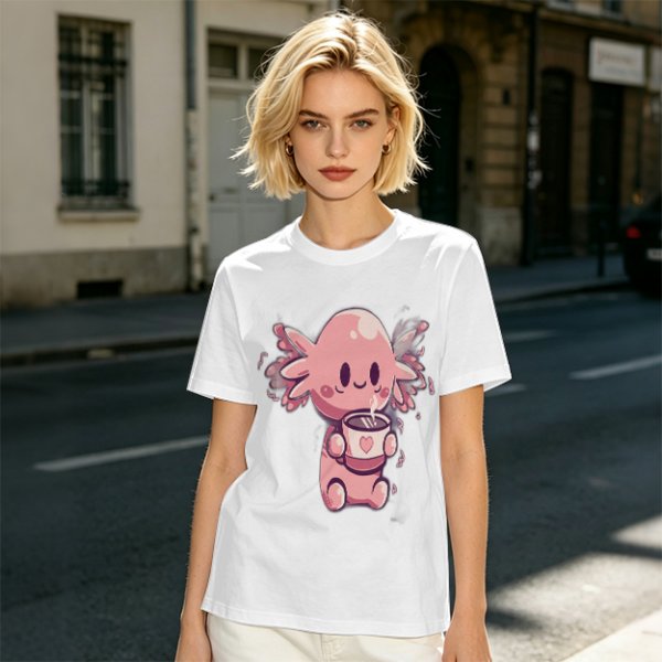 Olive T-Shirt With Cute Axolotl Holding Hot Drink Print