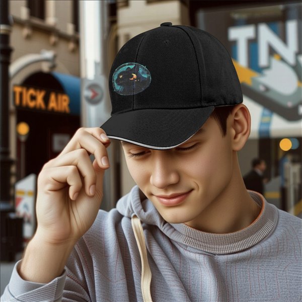 Black Baseball Cap With Mystical Black Cat And Crescent Moon Art