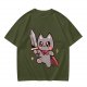 Olive T-shirt with cute warrior cat holding a sword graphic