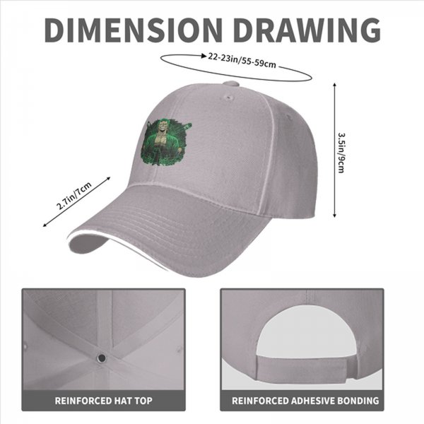 Black baseball cap with One Piece Roronoa Zoro graphic print