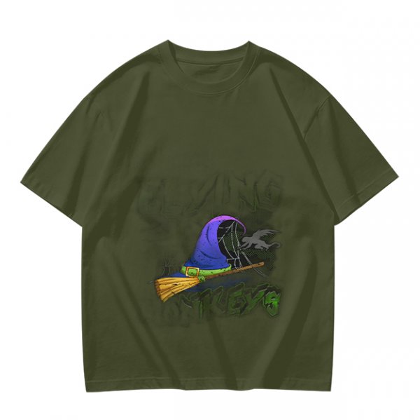 Olive T-Shirt with Witch Hat and Broom Halloween Graphic