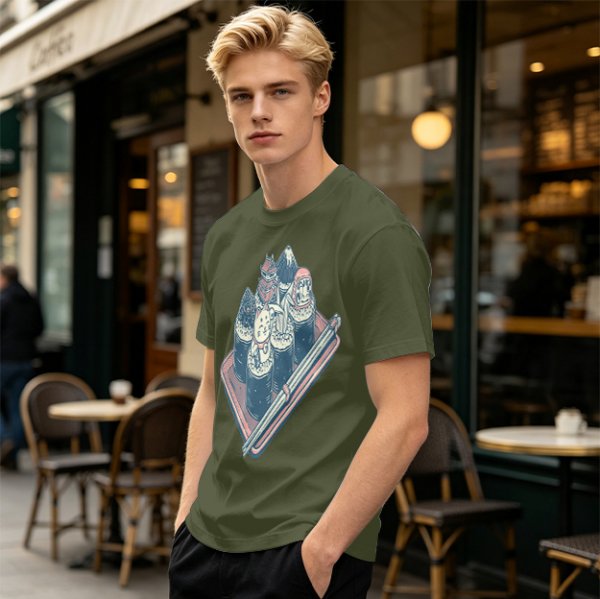 Olive T-Shirt With Sushi Themed Character Art Print
