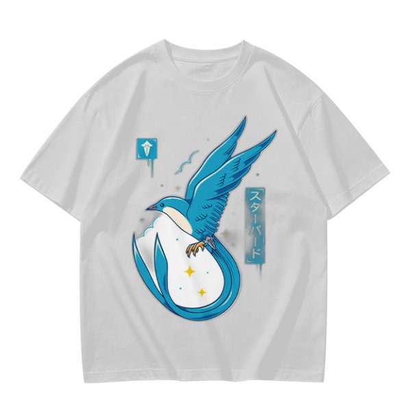 Olive T-shirt with Blue Star Bird and Japanese Graphic Print