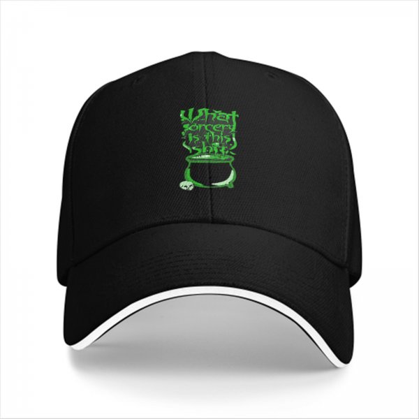 Black baseball cap with green 'What sorcery is this' cauldron graphic