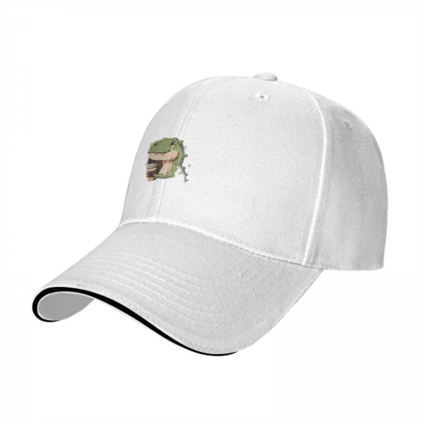 Black baseball cap with cute T-rex holding coffee graphic