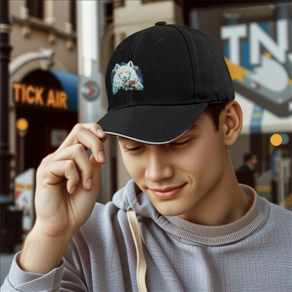 Black Baseball Cap With White Wolf And Moon Graphic Design