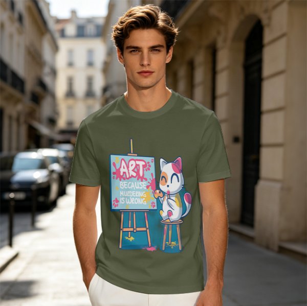 Olive T-Shirt With Cute Artist Cat Art Because Murder Is Wrong Print