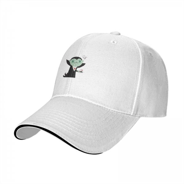 Black baseball cap with sad cartoon vampire holding blood bag print