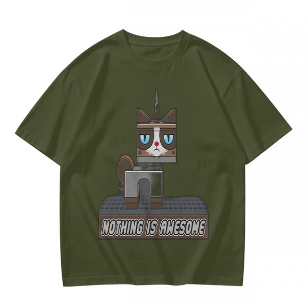 Olive T-Shirt with Grumpy Cat Lego Style 'Nothing Is Awesome' Print
