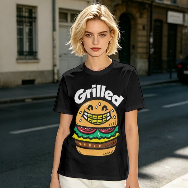 Olive T-Shirt with Smiling Grilled Burger Graphic