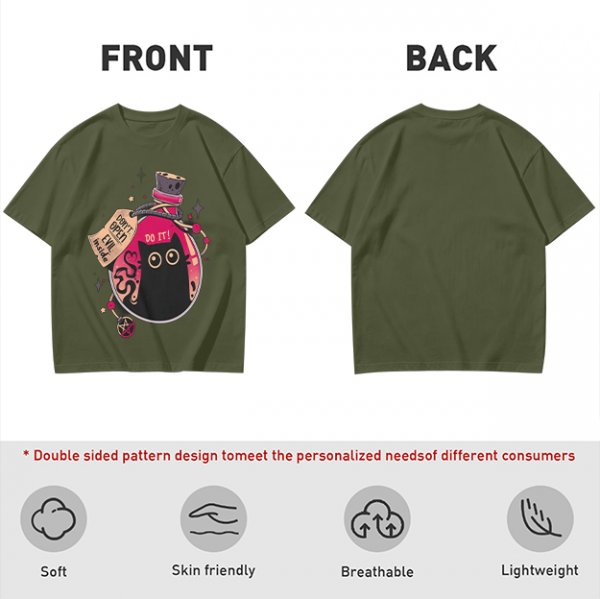 Olive T-shirt with a potion bottle holding a black cat that says don't open evil inside do it
