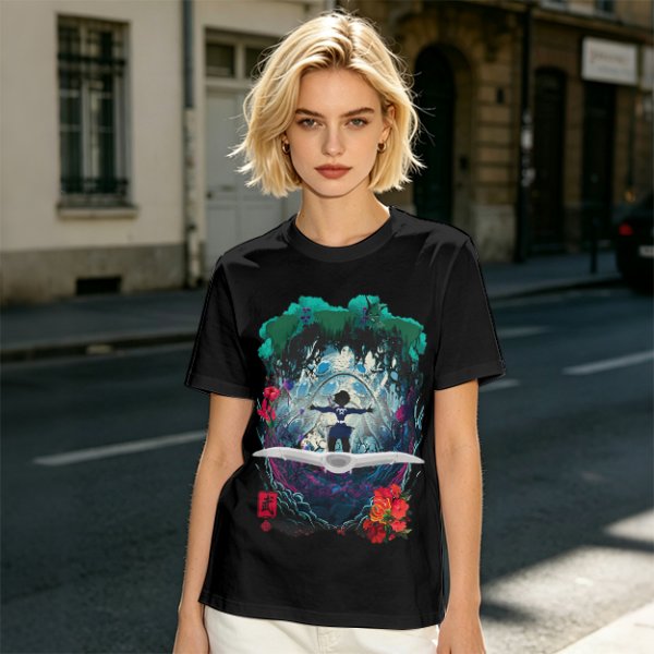 Olive T-shirt with fantasy forest glider rider graphic print