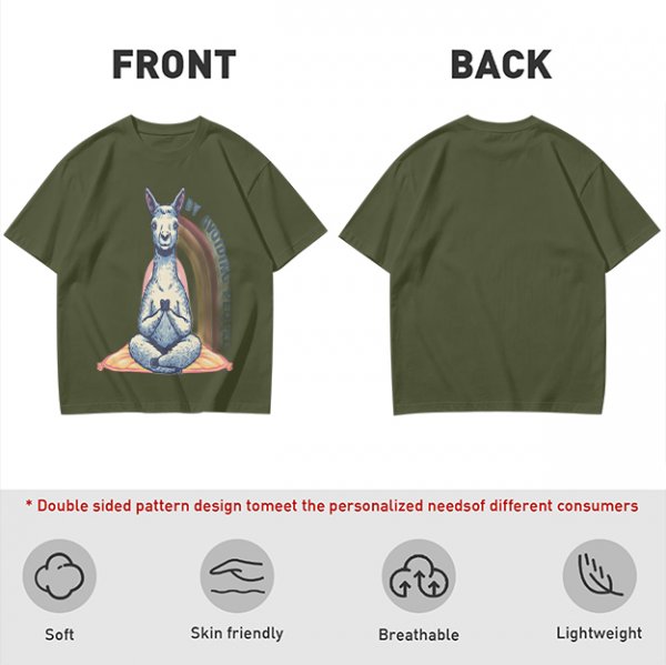 Olive T-Shirt With Meditating Llama Rainbow Graphic