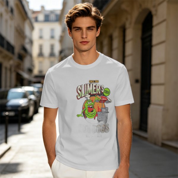 Olive green t-shirt with Slimer's Ghostbusters themed graphic print