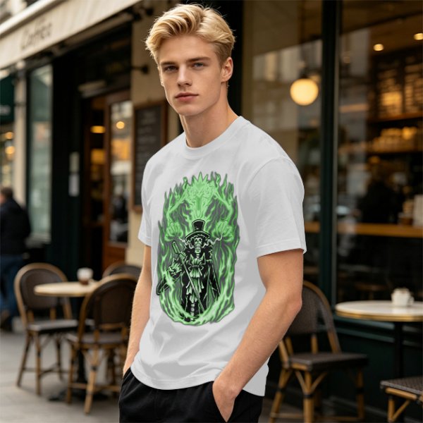Olive T-Shirt With Skeleton Gentleman And Green Flames Art