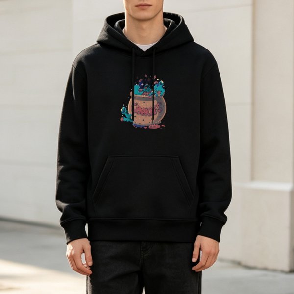 Black hoodie with cookie monster and cauldron graphic