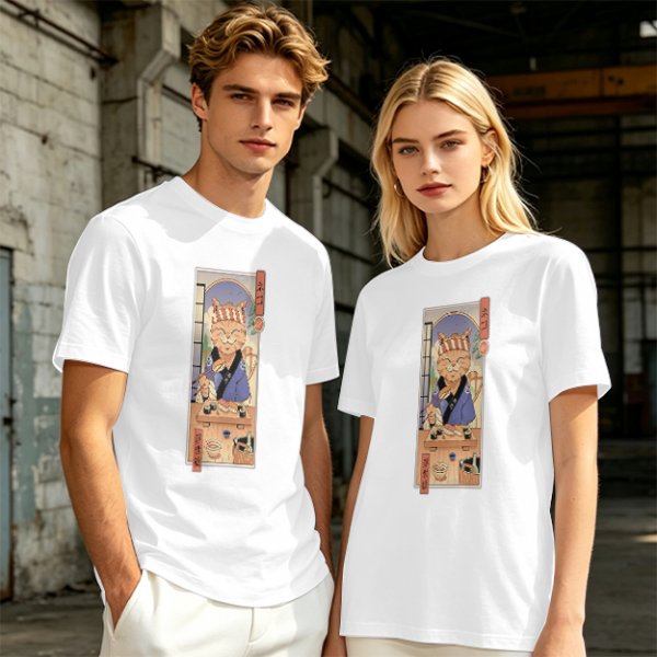 Olive T-Shirt with Japanese Style Sushi Chef Cat Print