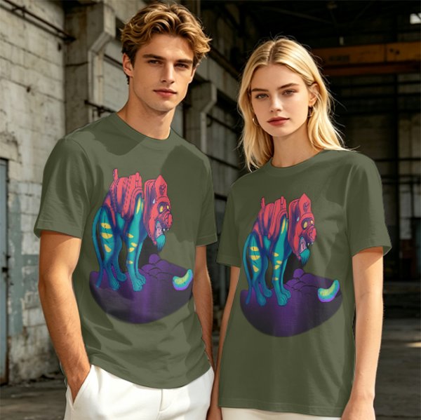 Olive T-Shirt With Vibrant Fantasy Creature Graphic Print