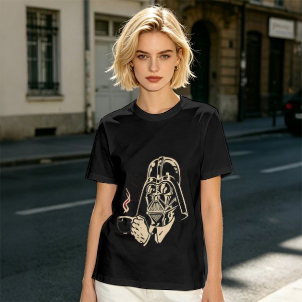 Olive T-shirt with Darth Vader holding a steaming coffee cup
