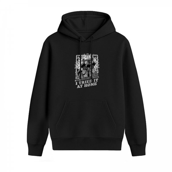Black hoodie with 'I Tried It At Home' mad scientist bear graphic
