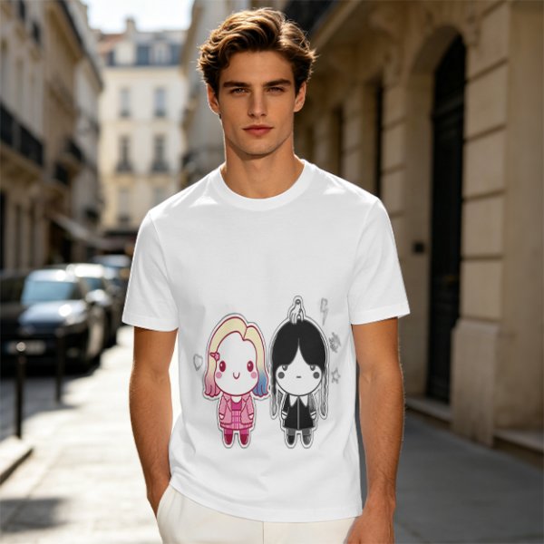 Olive T-Shirt with Chibi Wednesday Addams and Enid Sinclair Print