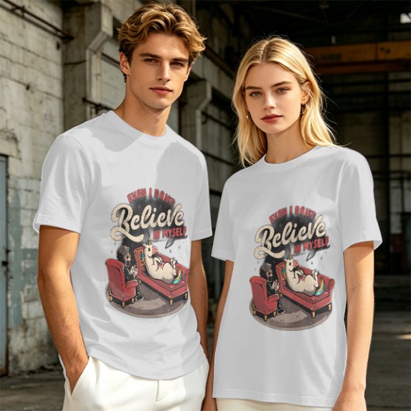 Olive graphic t-shirt with unicorn therapy and 'Even I Don't Believe In Myself' text