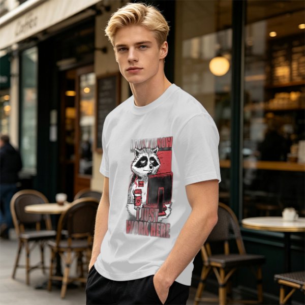 Olive graphic t-shirt with a tired raccoon office worker and 'I Just Work Here' text