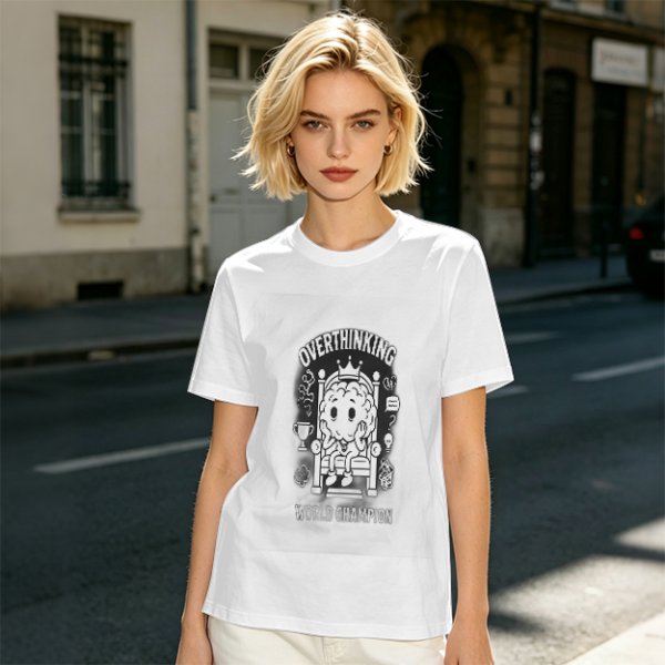 Oversized Army Green T-Shirt with Overthinking World Champion Brain Graphic