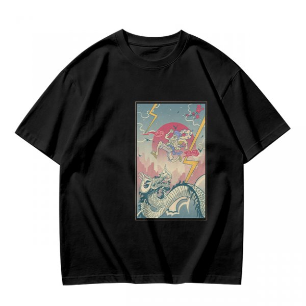Olive T-shirt with Japanese style dragon and lightning graphic print