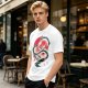 Olive T-shirt with stylized white dragon and red circular graphic print