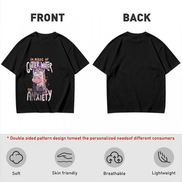 Olive t-shirt with anxious unicorn glitter water and anxiety print
