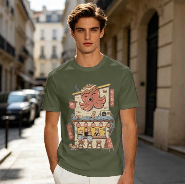 Olive T-Shirt with Octopus Takoyaki Shop Cat Art Print