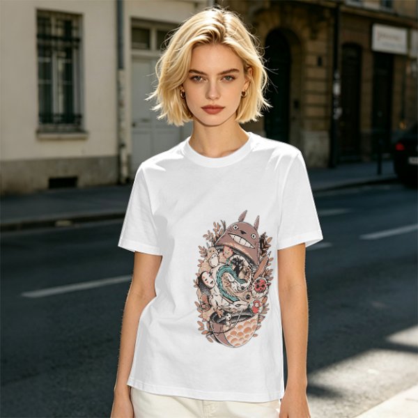 Olive Green T-Shirt with Studio Ghibli Character Collage Print