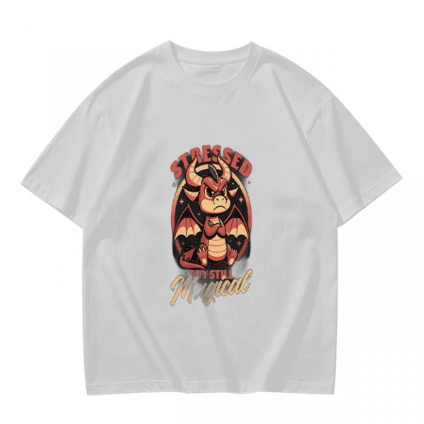Olive graphic t-shirt with stressed but still magical dragon print