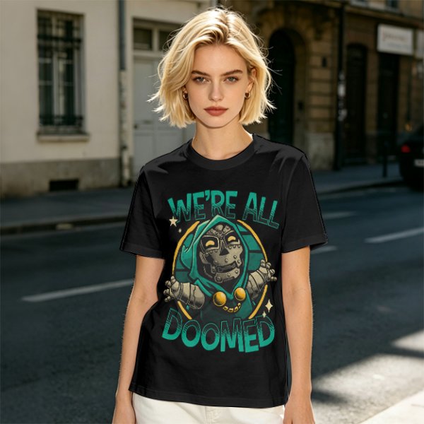 Olive T-Shirt Featuring 'We're All Doomed' and Doom Character Art