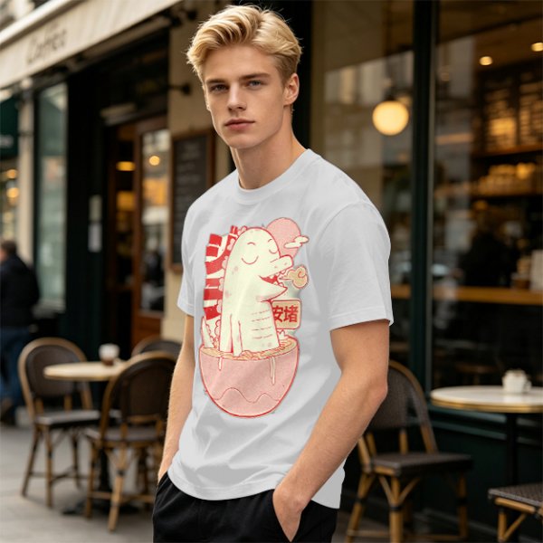 Olive t-shirt with a cartoon dinosaur in a ramen bowl graphic