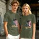 Olive green graphic t-shirt with 'Let's be Wicked Together' witch design