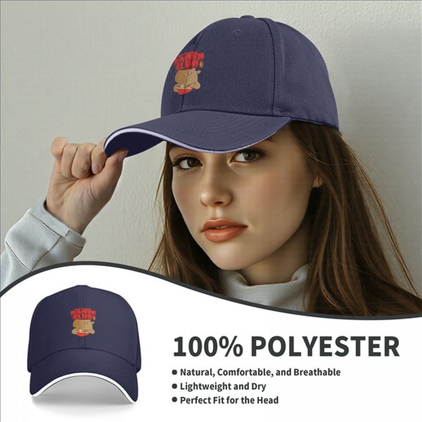Black baseball cap with capybara eating ramen ramen club print