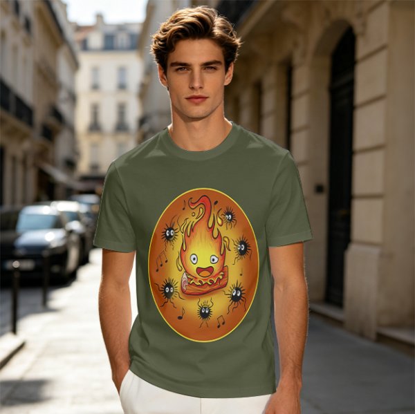 Olive T-Shirt Featuring Calcifer and Soot Sprites Artwork