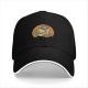Black baseball cap with a cute frog eating spaghetti graphic