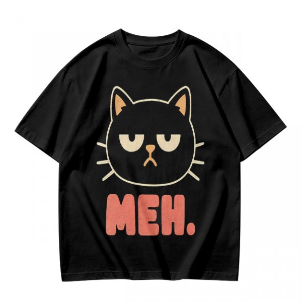 Olive T-Shirt With Grumpy Black Cat Meh Graphic Print