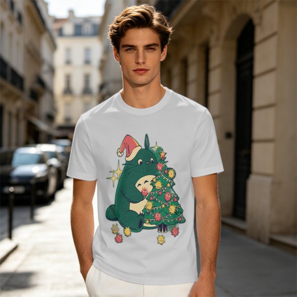 Olive Green T-Shirt With Christmas Totoro Decorating Tree Print