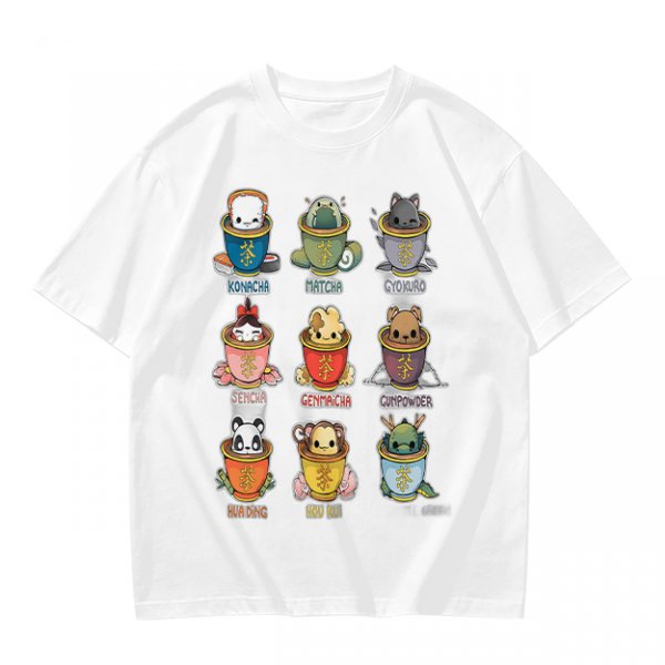Olive T-Shirt With Cute Animal Teacup Character Print