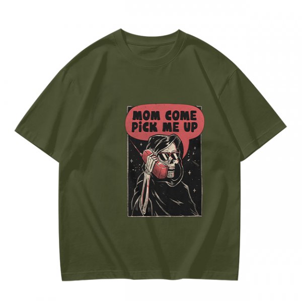 Olive Graphic T-Shirt With Grim Reaper 'Mom Come Pick Me Up' Print