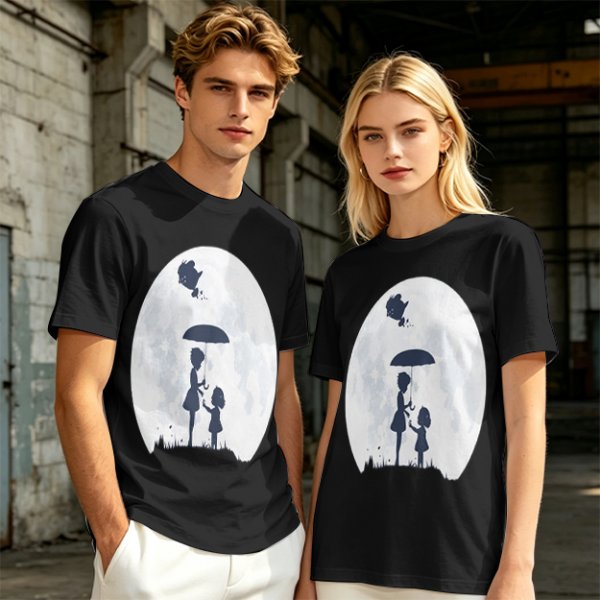 Olive T-Shirt With Moon Silhouette Of Two Children And Umbrella