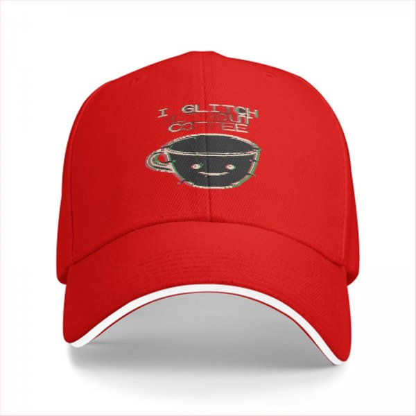 Black baseball cap with glitch coffee cup and 'I Glitch About Coffee' text