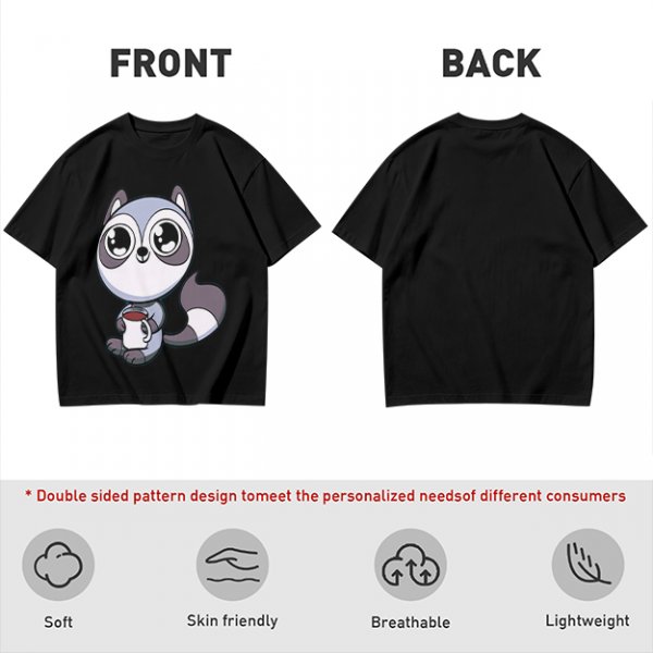 Olive T-Shirt with Cute Raccoon Holding Coffee Mug Print